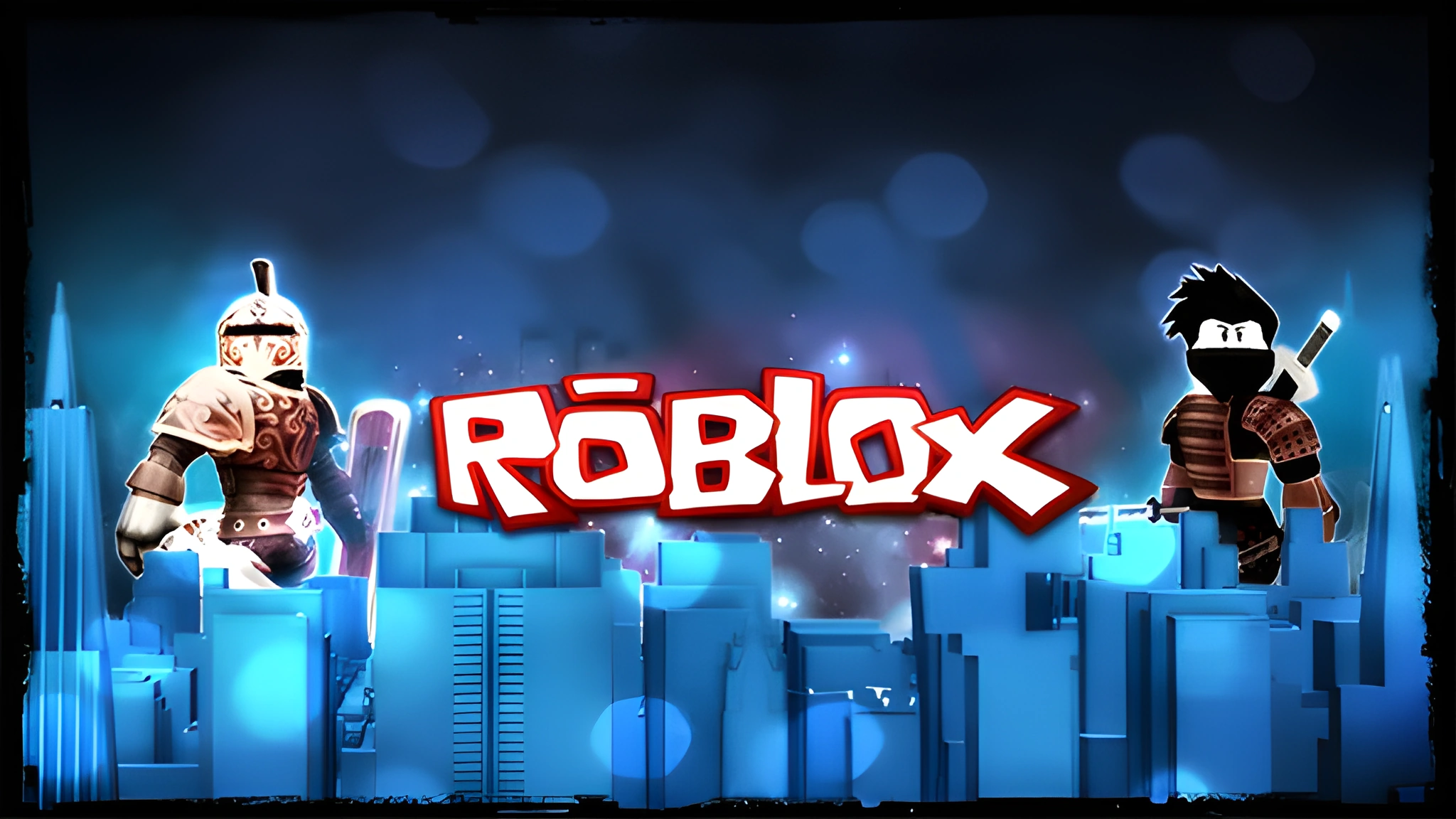Hình nền Roblox phong cách neon với hai avatar đối đầu trên thành phố khối xanh, dành cho màn hình PC 2048x1152