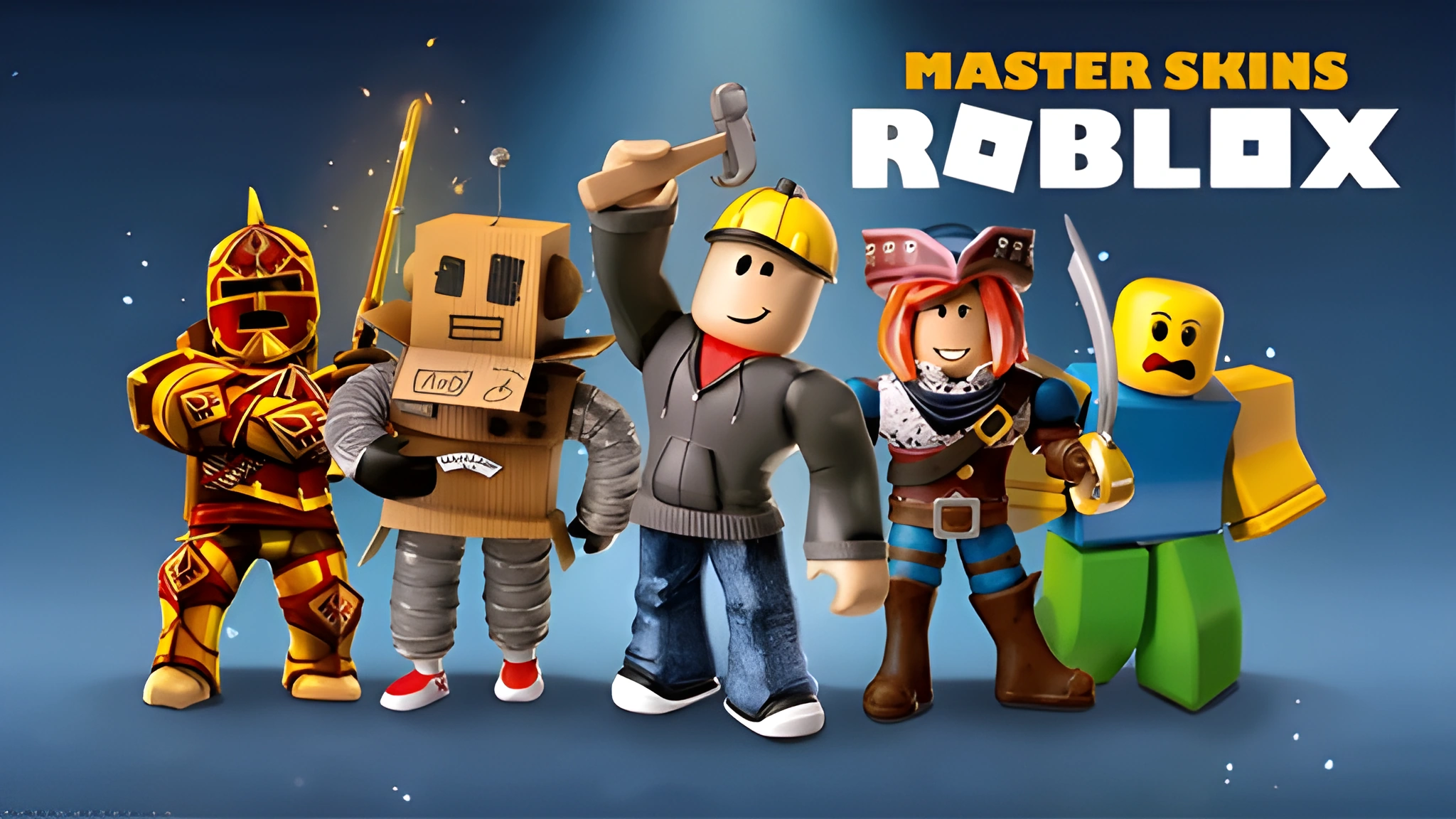 Năm nhân vật Roblox đứng thành hàng trên nền xanh xám tối, trong đó thợ xây giơ búa và cướp biển tóc đỏ cầm kiếm.