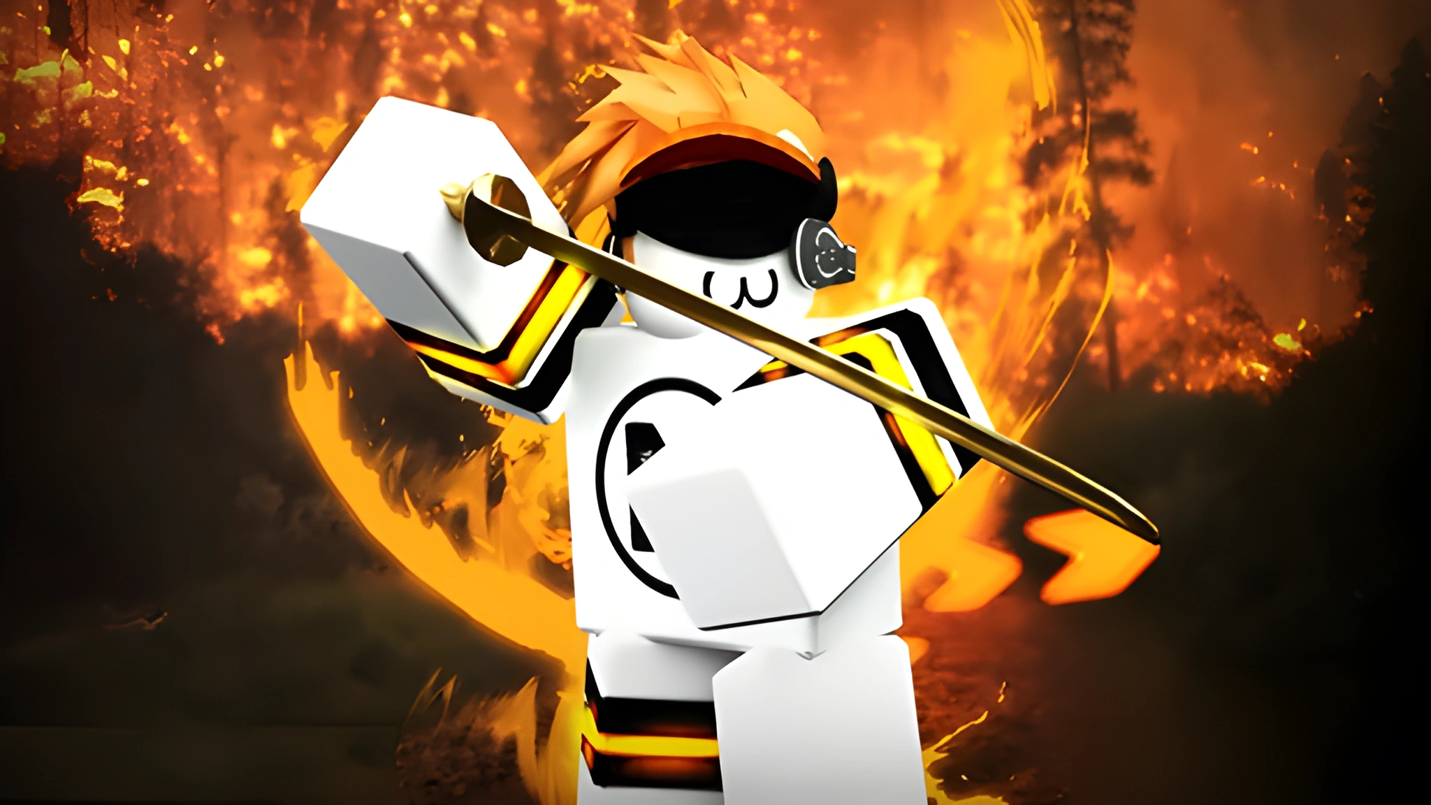 Nhân vật Roblox cầm kiếm giữa khung cảnh rừng lửa, hình nền ngang cho máy tính 2048x1152