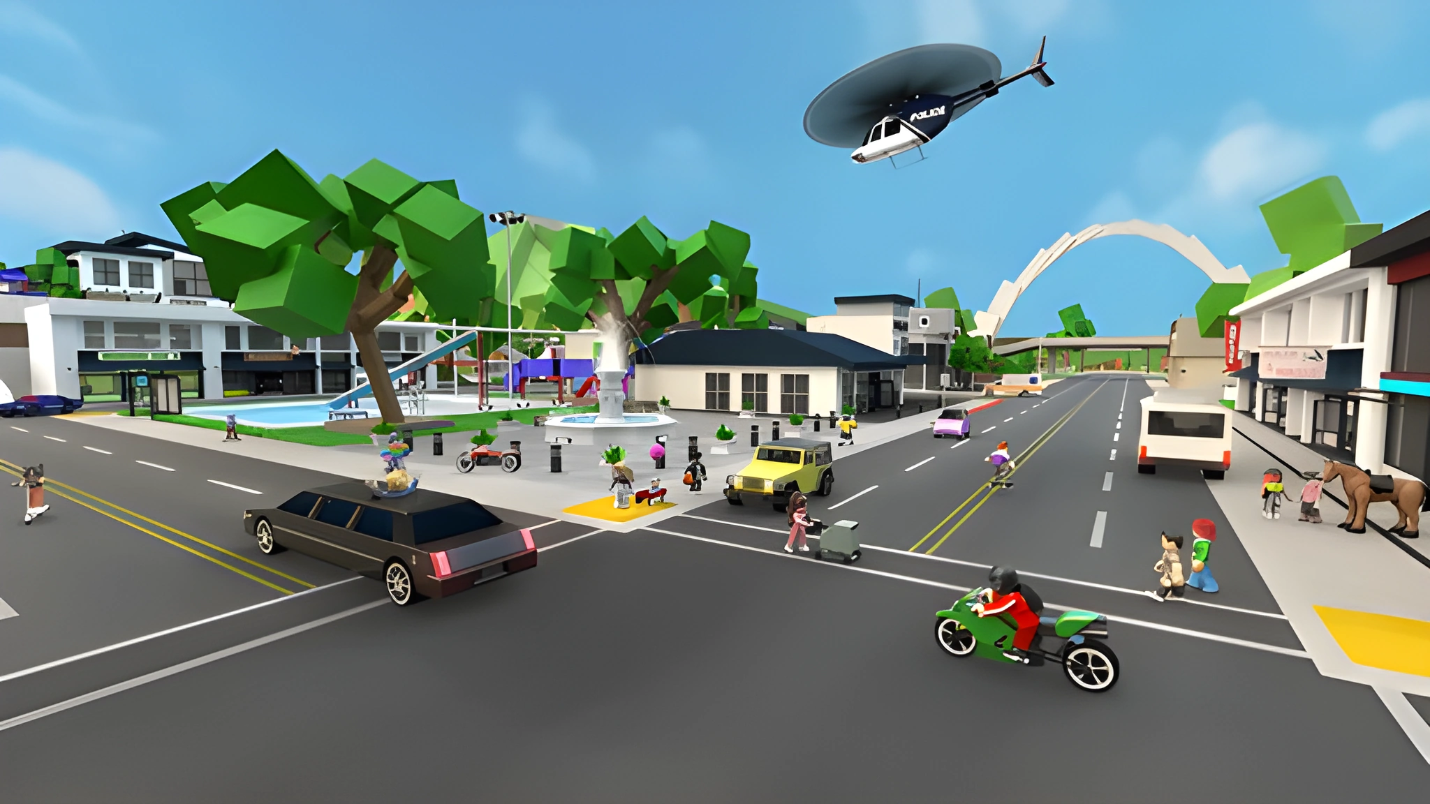 Hình nền Roblox thành phố với xe cộ, xe máy, trực thăng và người chơi, tỷ lệ PC 2048x1152