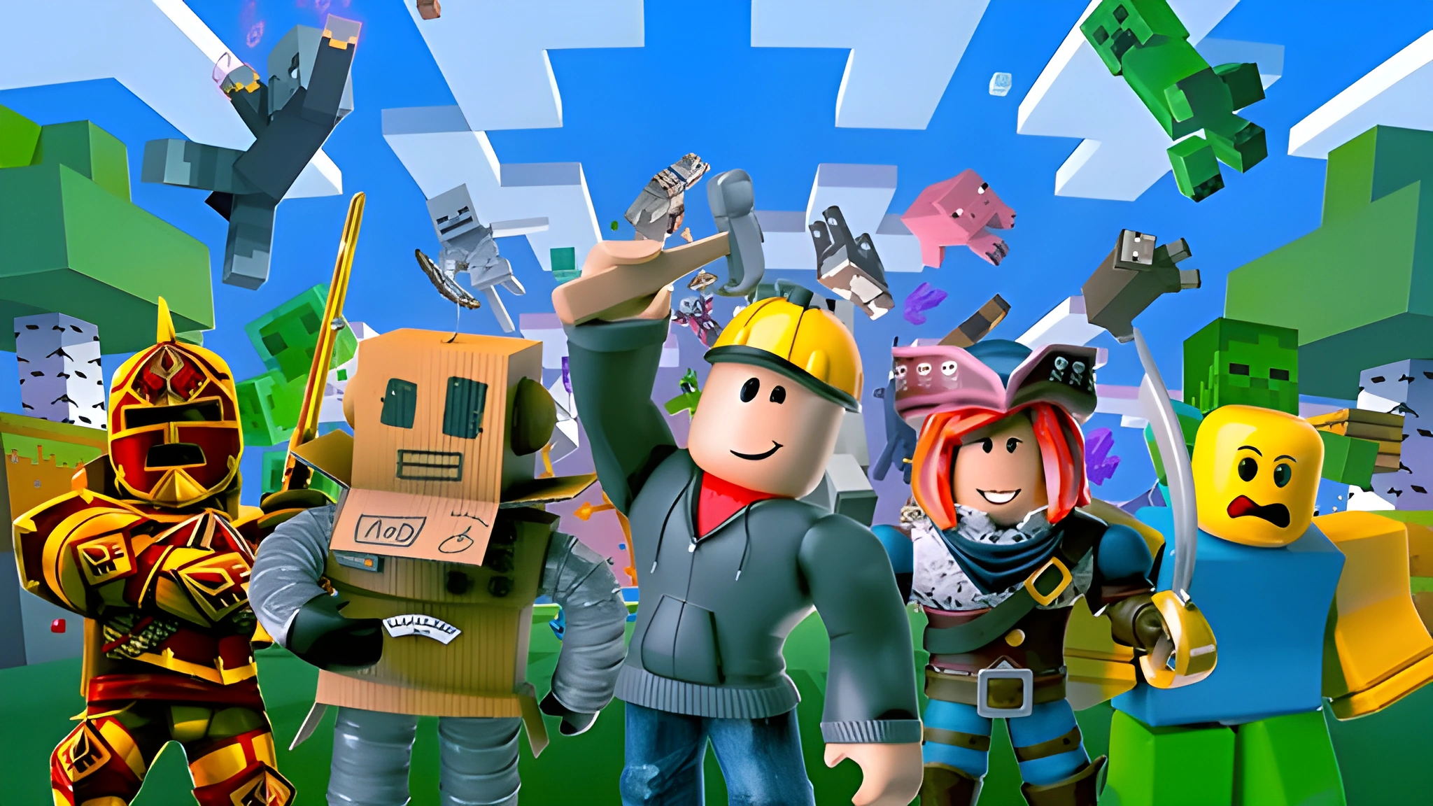 Các nhân vật Roblox đứng sát nhau trước phong cảnh Minecraft, người giữa đội mũ bảo hộ giơ búa.