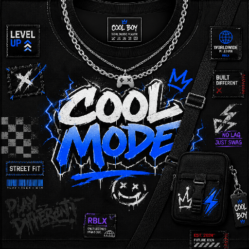 Thiết kế mặt trước áo Roblox phong cách cool boy với chữ graffiti, dây xích bạc và túi đeo chéo cá tính.