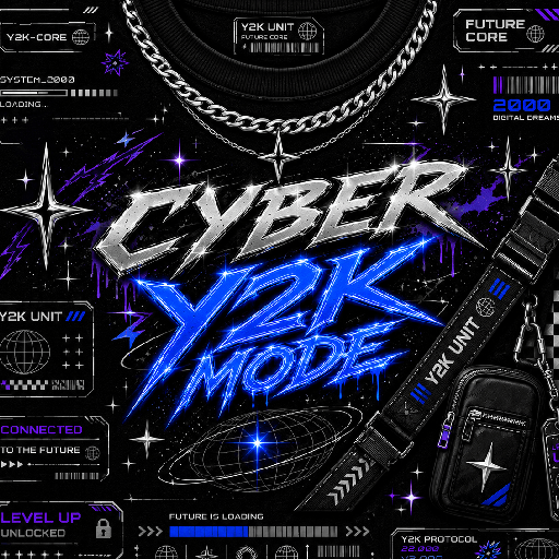 Thiết kế mặt trước áo Roblox phong cách cyber Y2K với chữ chrome, ánh sáng neon xanh và phụ kiện công nghệ.