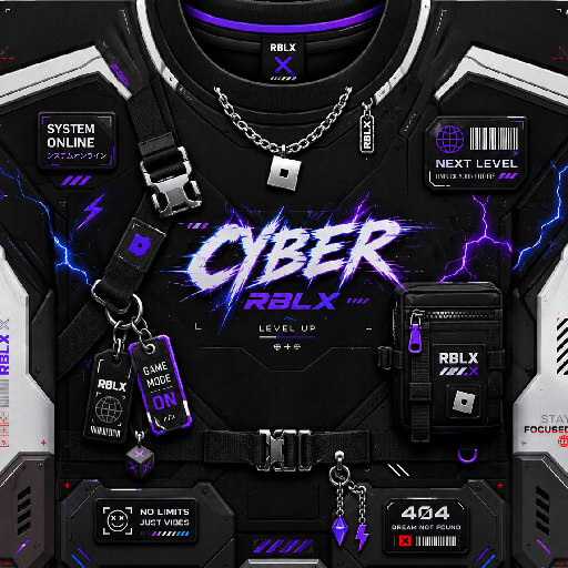 Thiết kế Roblox cyberpunk shirt màu đen với logo CYBER, dây xích, túi tiện ích và hiệu ứng sét xanh tím neon.