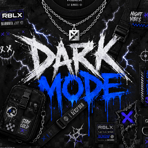 Thiết kế mặt trước áo Roblox phong cách dark boy với chữ graffiti, tia sét xanh, dây xích và phụ kiện streetwear.