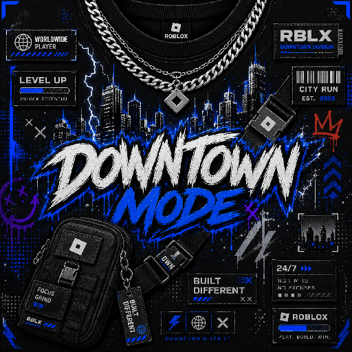Thiết kế mặt trước áo Roblox phong cách downtown với chữ graffiti, đường chân trời thành phố và phụ kiện đường phố.