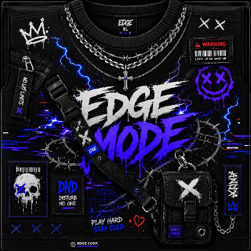 Thiết kế mặt trước áo Roblox phong cách edgy với chữ graffiti, tia sét neon, dây xích và phụ kiện cá tính.