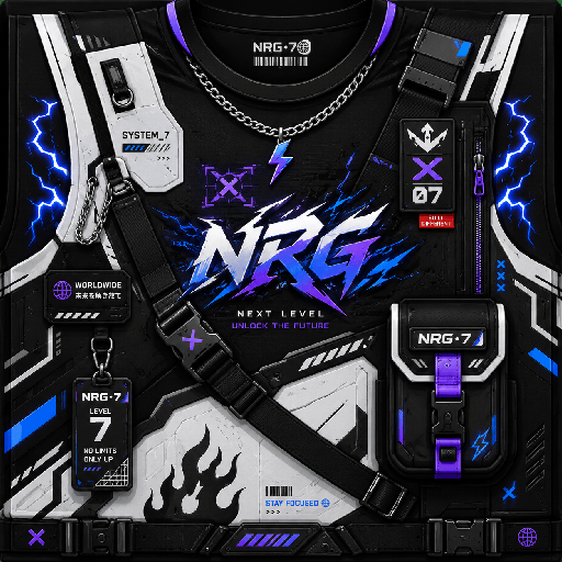 Thiết kế Roblox futuristic outfit màu đen trắng với logo NRG, dây đeo chéo, túi tiện ích và hiệu ứng xanh tím neon.