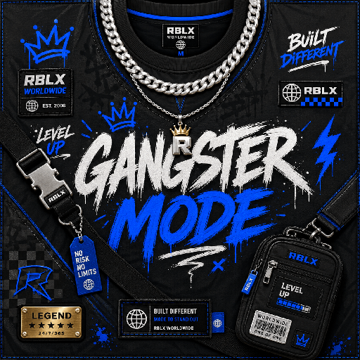Thiết kế mặt trước áo Roblox phong cách gangster với chữ graffiti, dây xích bạc và phụ kiện streetwear cá tính.