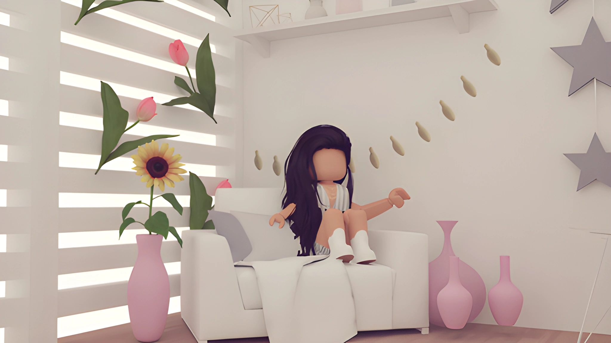 Nhân vật nữ phong cách Roblox ngồi bó gối trên ghế sofa đơn màu trắng, cạnh lọ hoa hồng có hoa hướng dương.