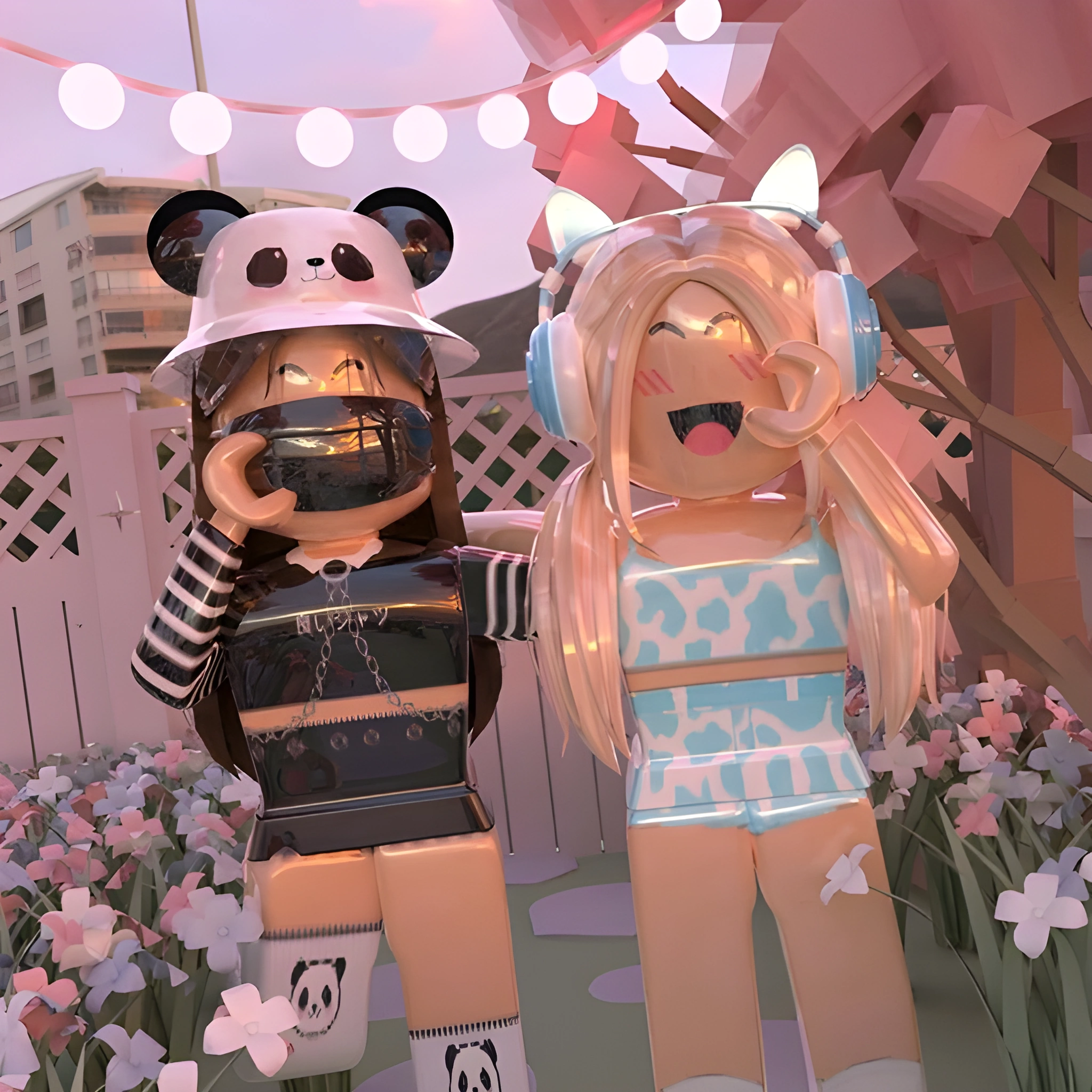 Hai nhân vật Roblox đứng cạnh nhau trong vườn hoa, đội mũ gấu trúc và đeo tai nghe, hình vuông cho máy tính bảng