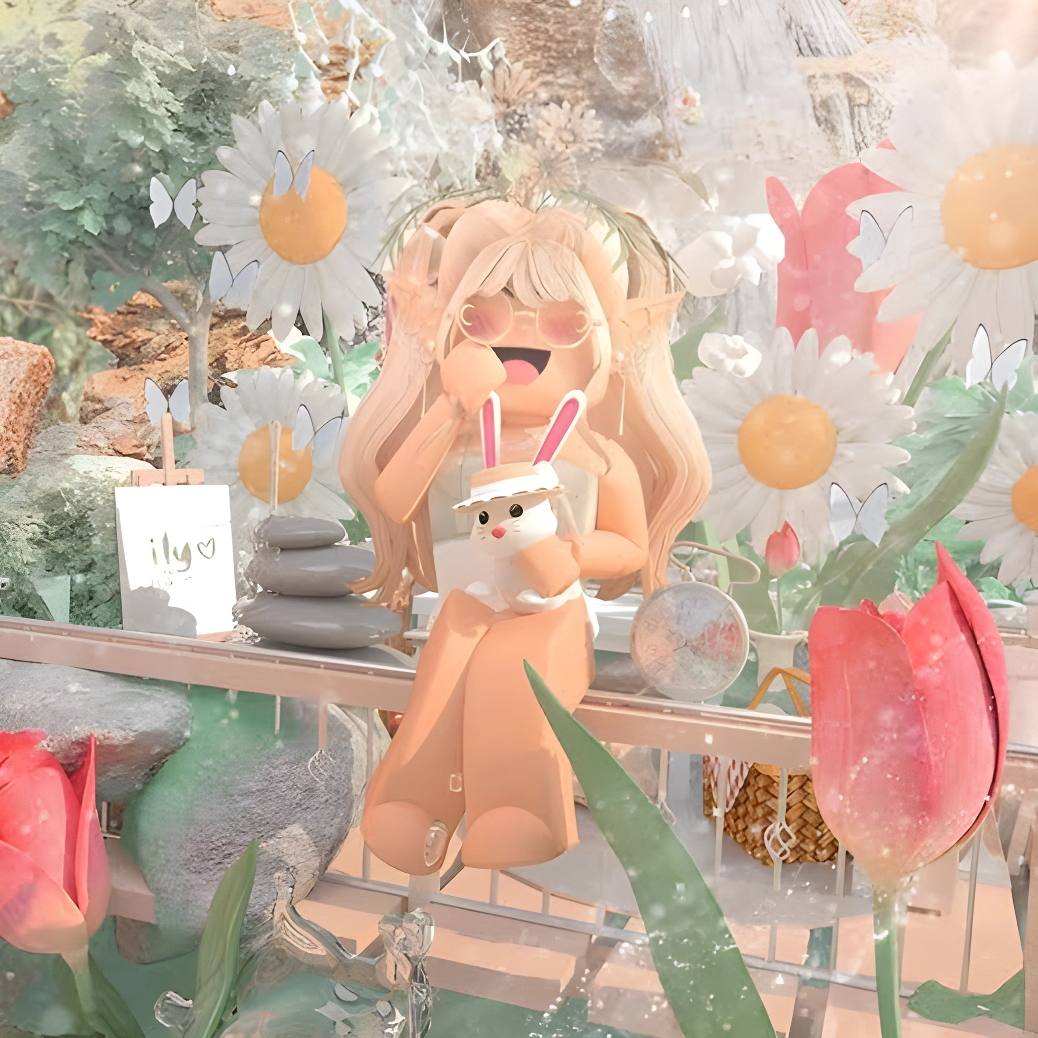 Nhân vật Roblox đeo kính ôm thú bông thỏ giữa hoa cúc và bướm trong khung cảnh pastel