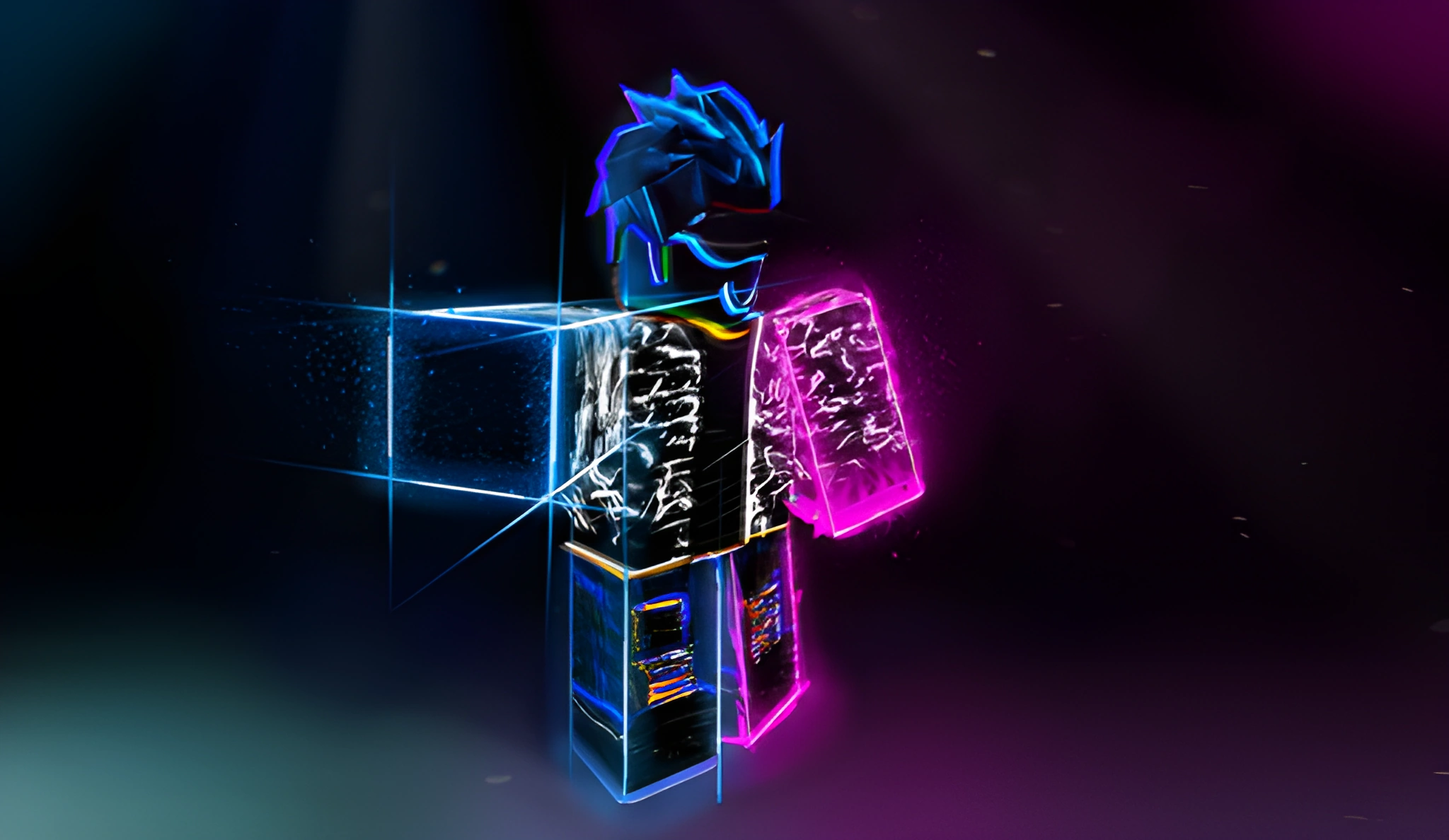 Avatar Roblox hình khối đứng chính diện, tóc nhọn xanh neon và cơ thể chia hai mảng xanh dương, hồng.