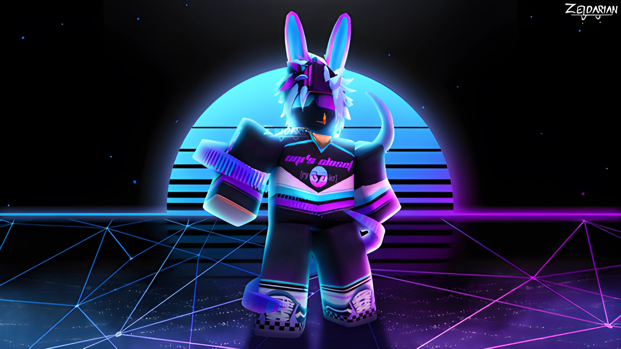 Avatar Roblox đeo tai thỏ xanh lam nâng vật thể bánh răng phát sáng trước mặt trời kẻ sọc.