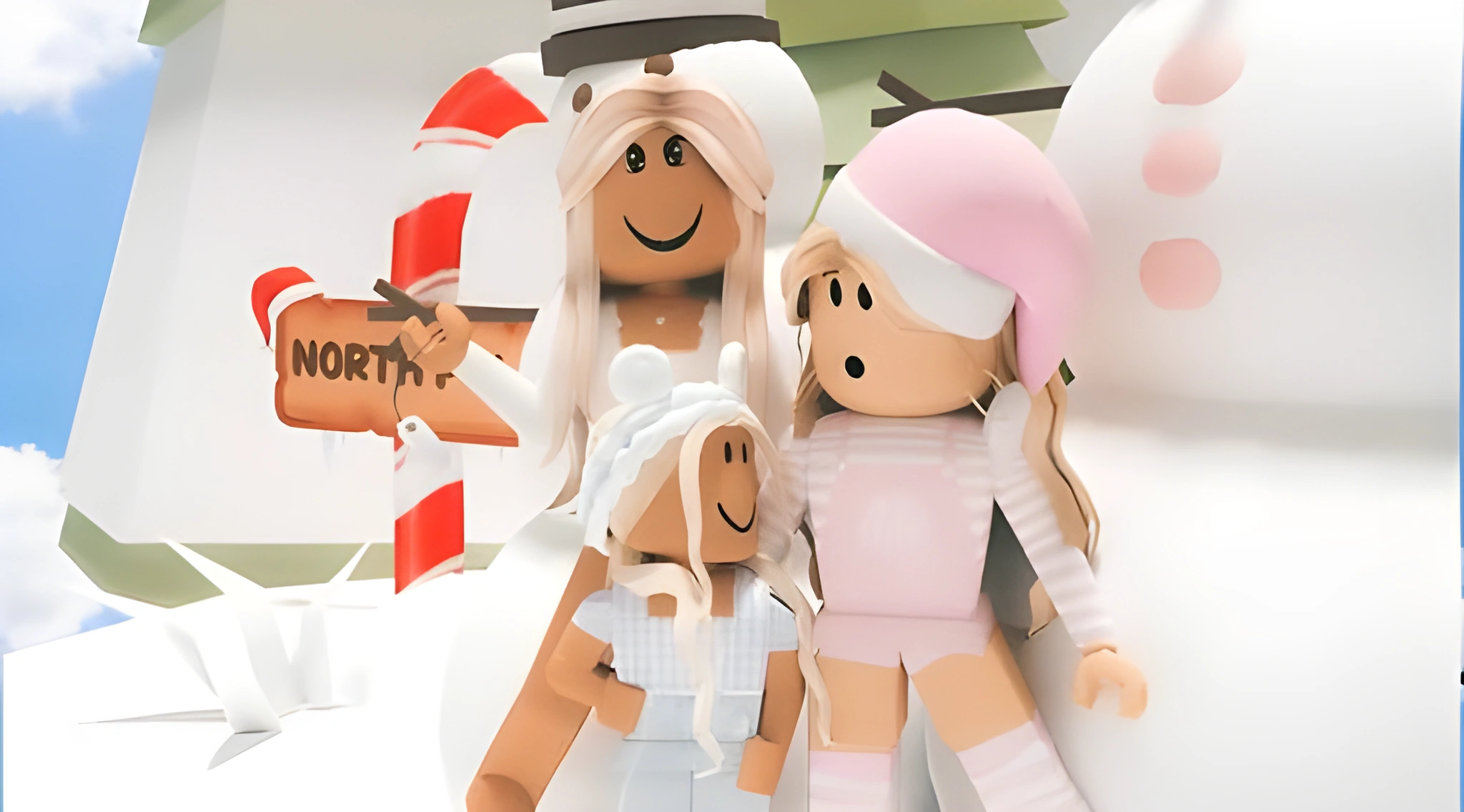 Ba avatar phong cách Roblox đứng sát nhau trước người tuyết, cạnh biển gỗ ghi NORTH và gậy kẹo đỏ trắng.
