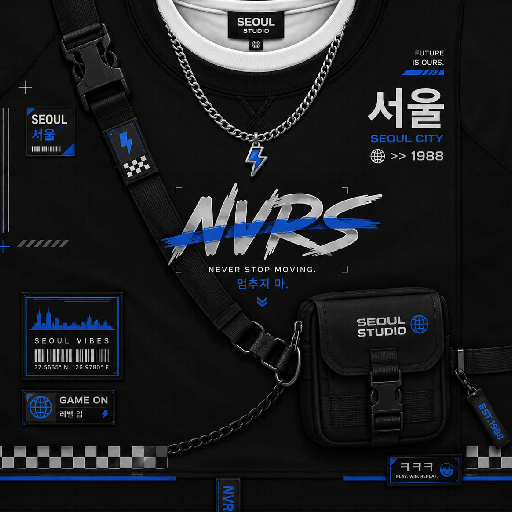 Thiết kế Roblox K-fashion outfit màu đen trắng với điểm nhấn Seoul, dây xích, túi đeo và chi tiết xanh điện hiện đại.
