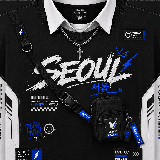 Thiết kế Roblox Korean boy shirt màu đen trắng với chữ Seoul, cổ áo layer, dây xích và túi đeo phong cách Hàn Quốc.