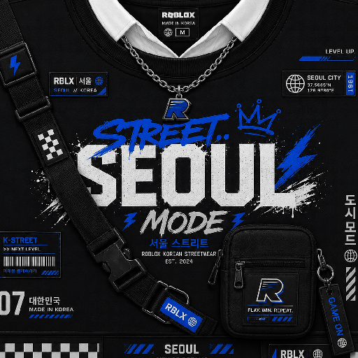 Thiết kế Roblox Korean streetwear màu đen trắng với chữ Street Seoul, dây đeo chéo, túi nhỏ và điểm nhấn xanh điện hiện đại.