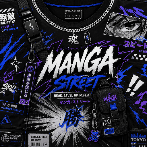 Thiết kế Roblox manga outfit tông đen với chữ Manga Street, họa tiết mắt manga, dây xích và điểm nhấn xanh tím.