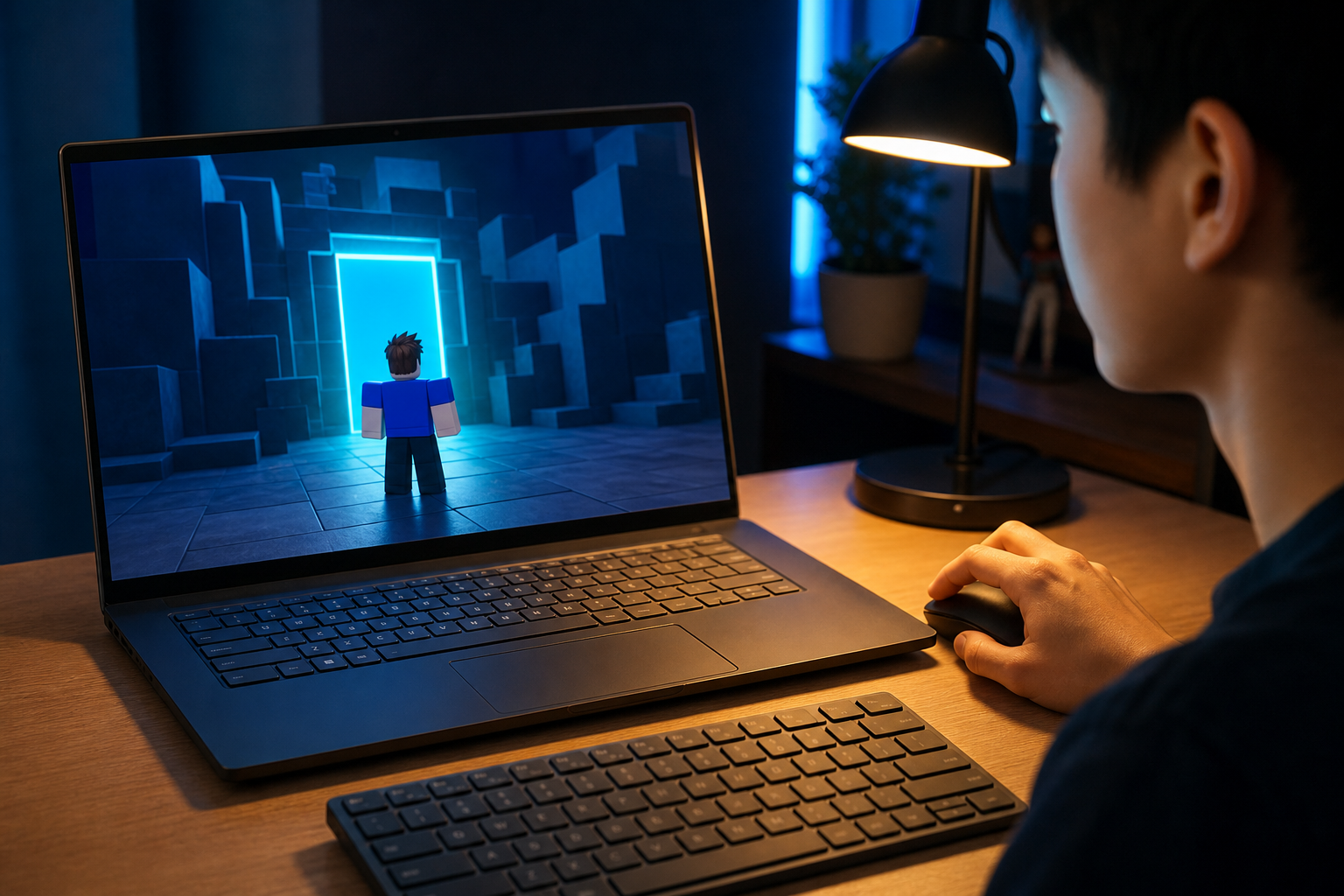 Người dùng điều khiển laptop hiển thị nhân vật khối đứng trước cánh cổng phát sáng.