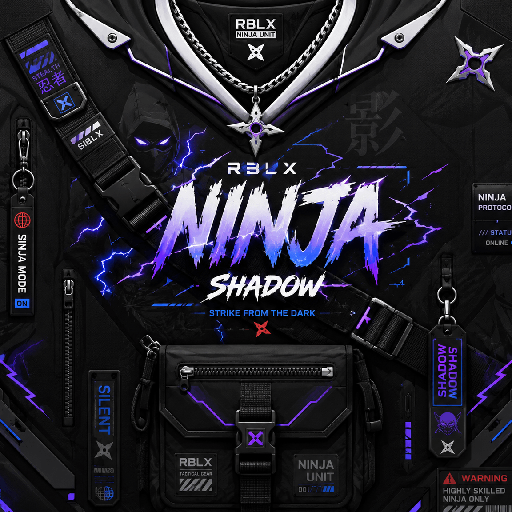 Thiết kế Roblox ninja techwear màu đen với logo NINJA, dây xích, túi tactical và hiệu ứng sét xanh tím.