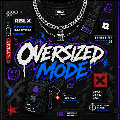 Thiết kế mặt trước áo Roblox dáng oversized với chữ graffiti, dây xích bạc và phụ kiện streetwear hiện đại.