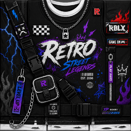Thiết kế áo Roblox retro streetwear màu đen với họa tiết graffiti, dây xích, patch game và điểm nhấn neon cá tính.