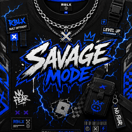 Thiết kế mặt trước áo Roblox phong cách mạnh mẽ với chữ graffiti, tia sét xanh, dây xích và phụ kiện streetwear.