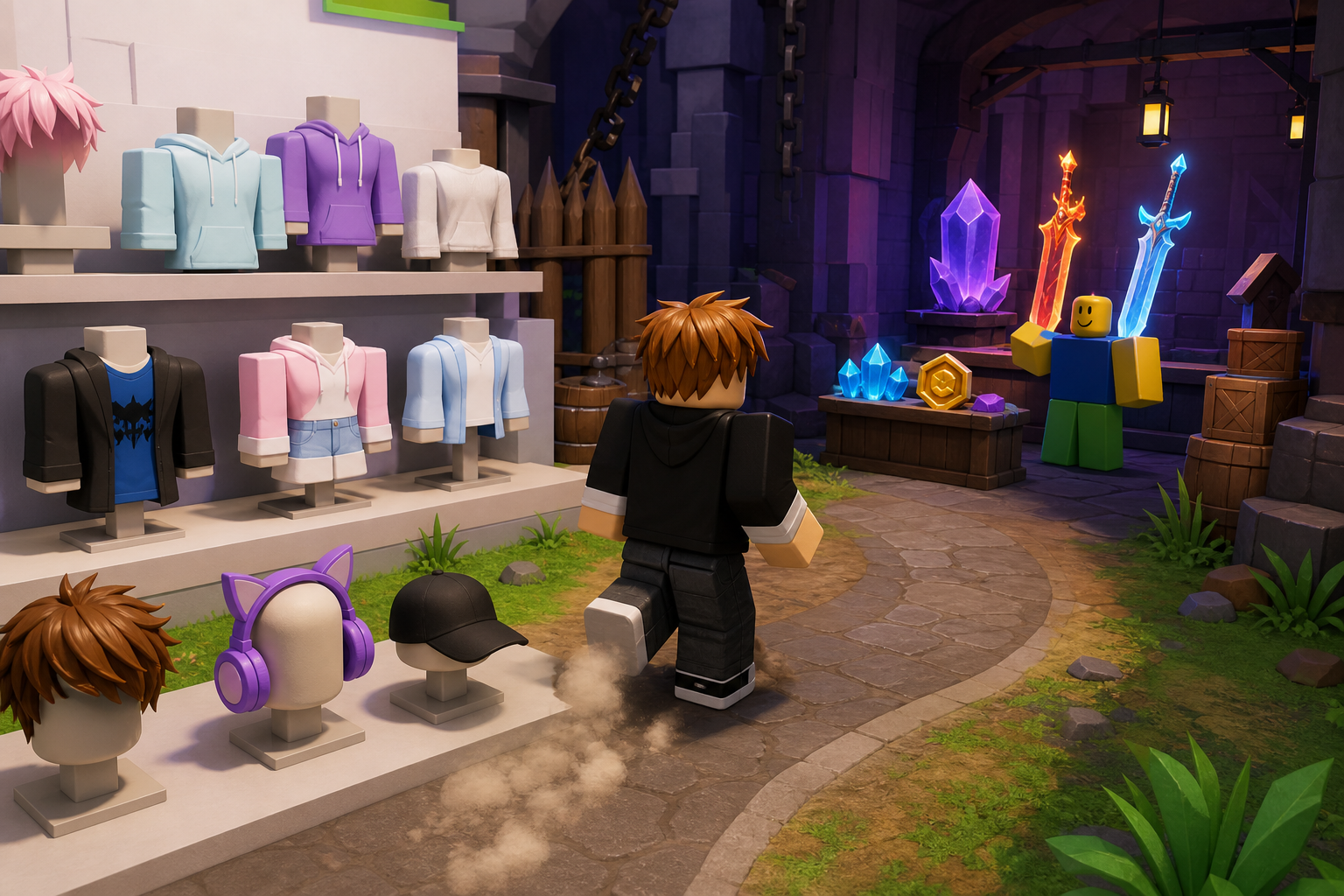 Nhân vật Roblox đứng trước quầy áo, phụ kiện và vũ khí trong không gian Roblox Shop mang phong cách hầm ngục.