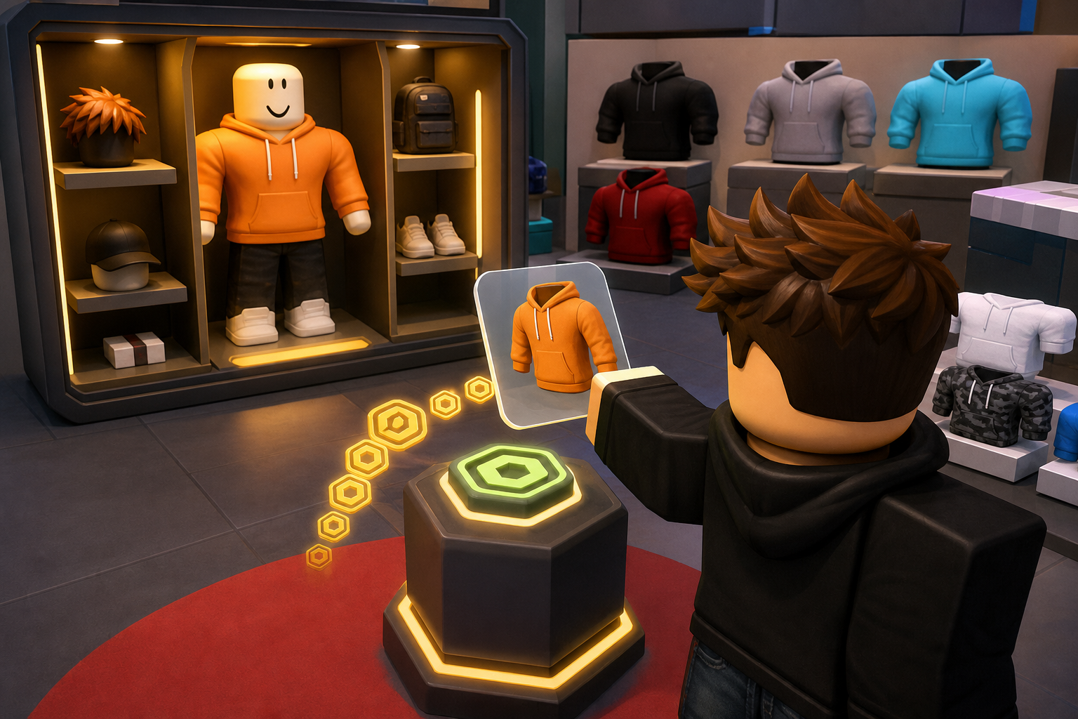 Nhân vật Roblox xem bản xem trước áo hoodie màu cam trong cửa hàng thời trang với các vật phẩm trưng bày xung quanh.
