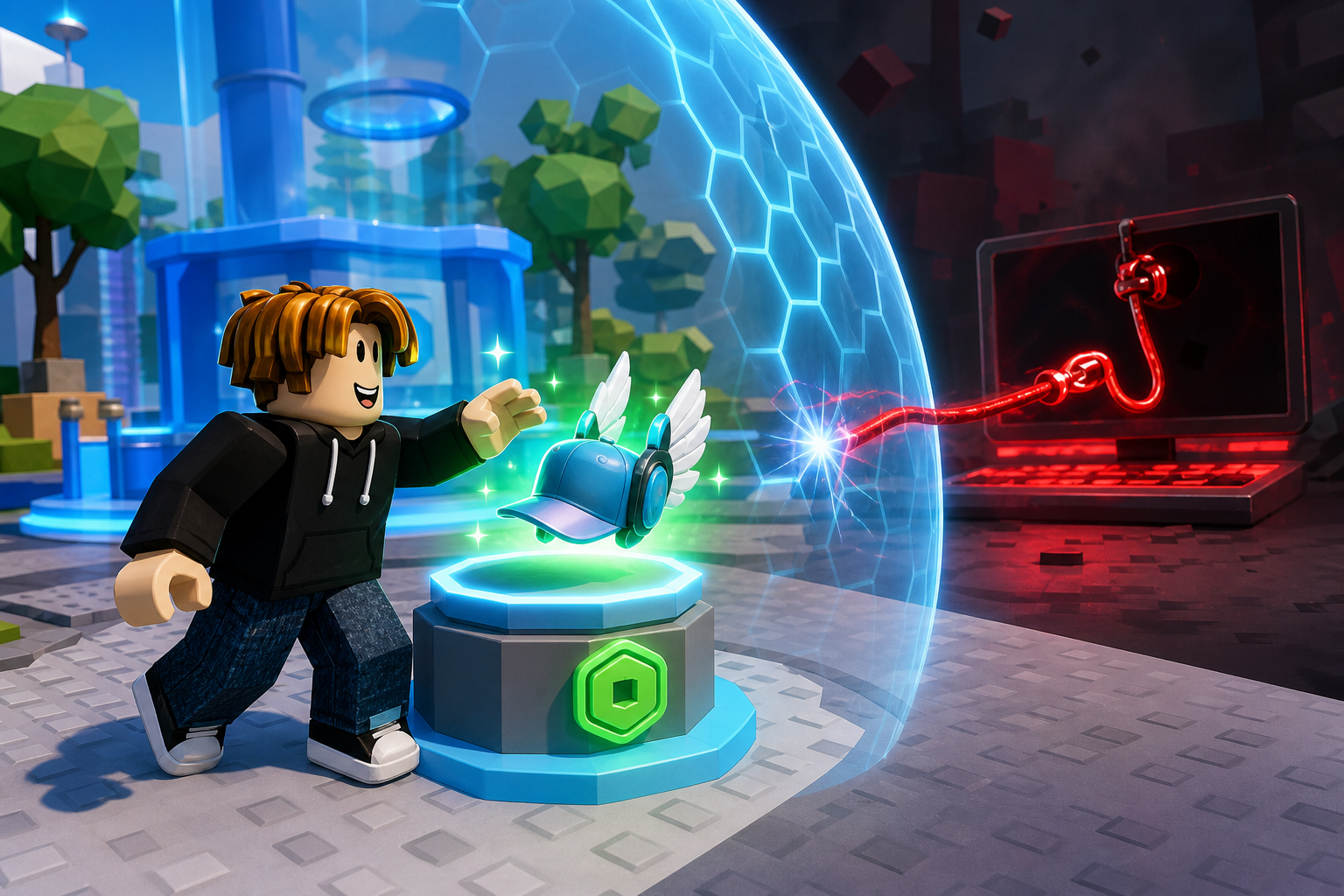 Nhân vật Roblox đưa tay về phía mũ xanh có cánh trên bệ phát sáng, bên cạnh máy tính với dây móc màu đỏ.