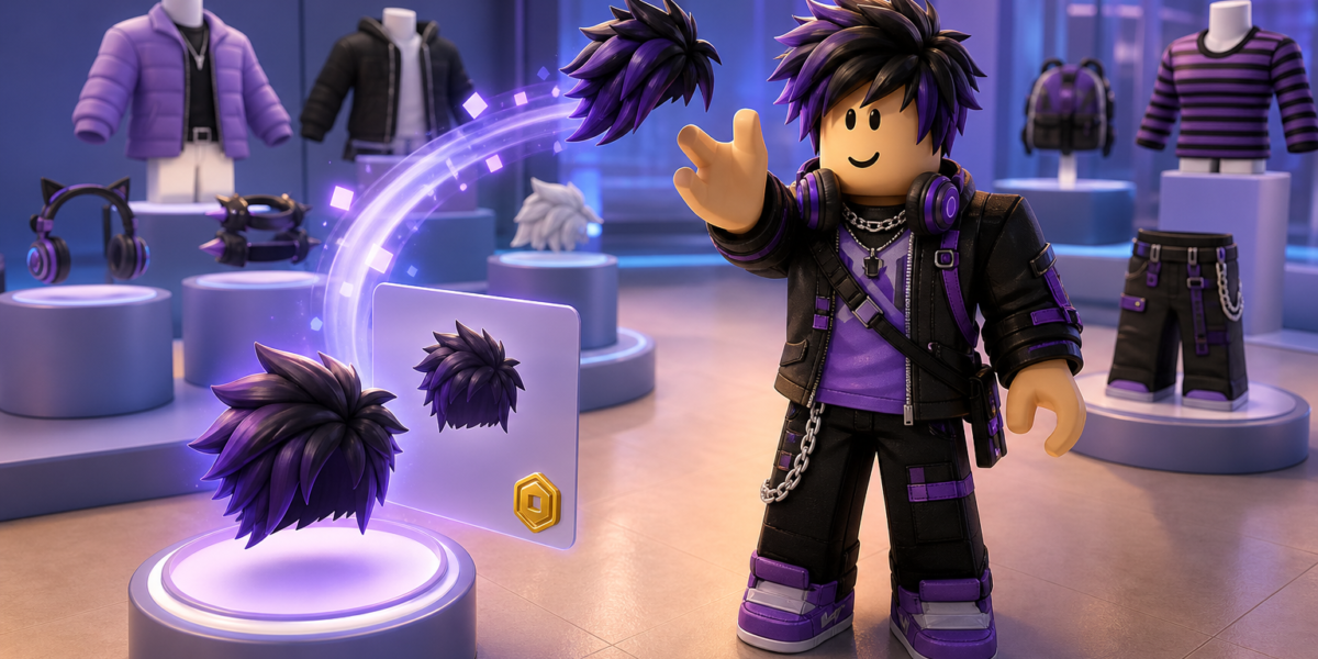 Nhân vật Roblox đưa tay về phía kiểu tóc màu tím trong không gian trưng bày vật phẩm avatar của roblox shop