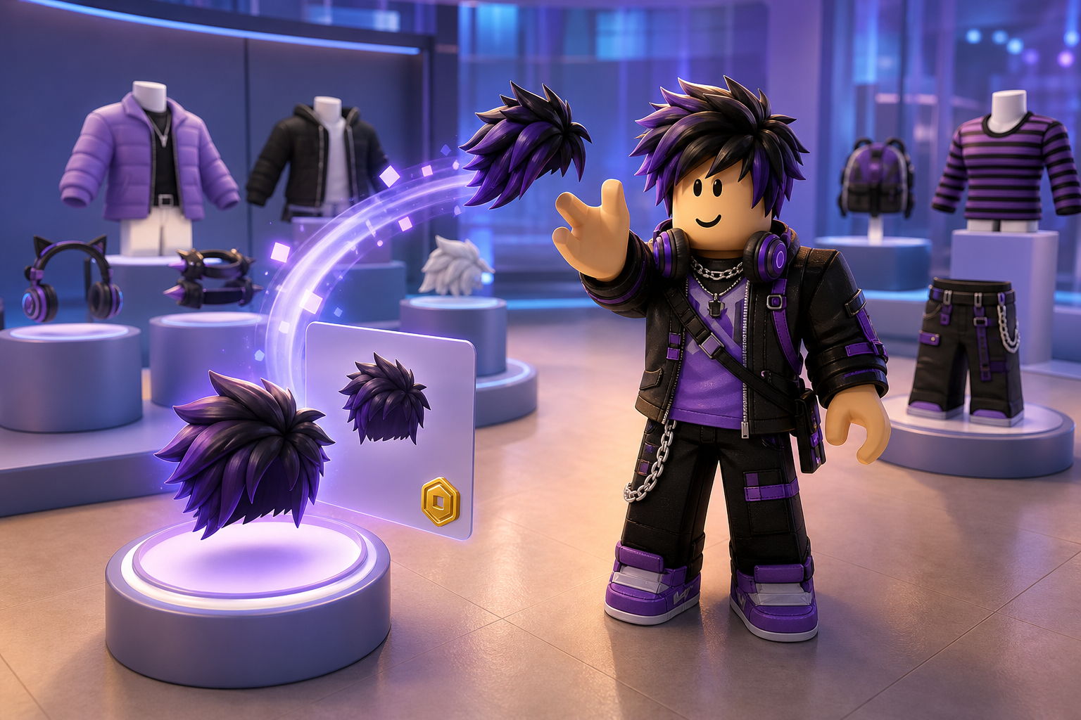 Nhân vật Roblox đưa tay về phía kiểu tóc màu tím trong không gian trưng bày vật phẩm avatar của roblox shop