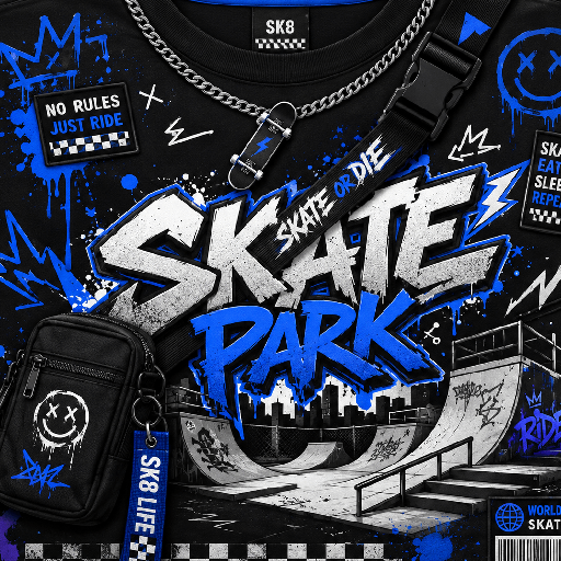 Thiết kế Roblox skate park shirt màu đen với chữ Skate Park lớn, khung cảnh công viên trượt ván, dây đeo và điểm nhấn xanh điện.