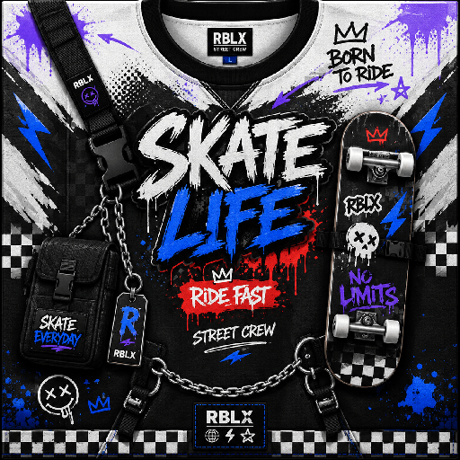 Thiết kế Roblox skateboard outfit màu đen trắng với chữ Skate Life, ván trượt, dây xích và họa tiết graffiti xanh đỏ.