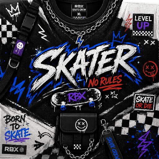 Thiết kế Roblox skater shirt màu đen trắng với chữ SKATER lớn, họa tiết ván trượt, checkerboard và điểm nhấn graffiti xanh đỏ.