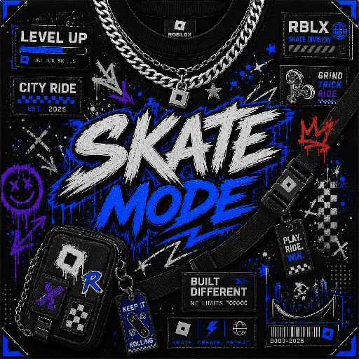 Thiết kế mặt trước áo Roblox phong cách skater với chữ graffiti, dây xích bạc và họa tiết bàn trượt cá tính.