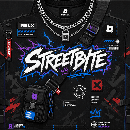 Thiết kế mặt trước áo Roblox streetwear màu đen với chữ graffiti, dây xích bạc và túi đeo chéo cá tính.