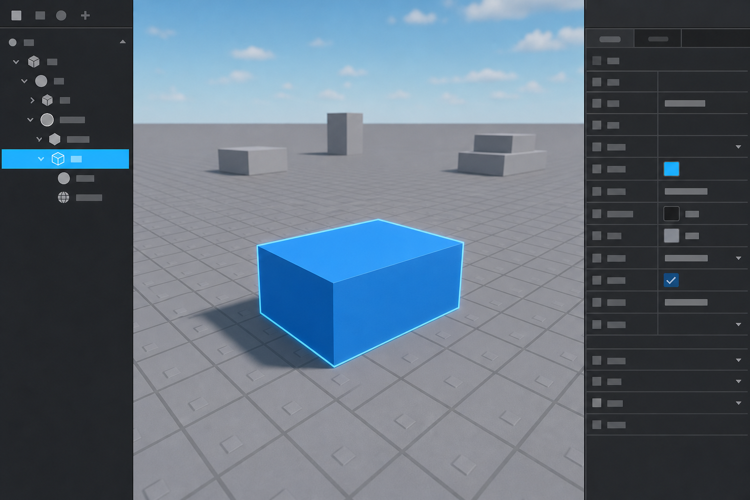 Giao diện Roblox Studio hiển thị khối Part màu xanh được chọn trên nền lưới, kèm bảng Explorer và Properties.