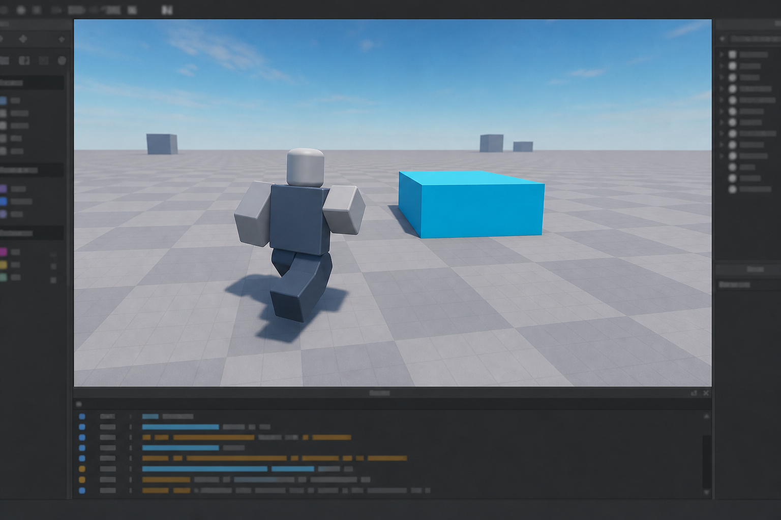 Cửa sổ Roblox Studio hiển thị nhân vật khối đang chạy trên nền lưới, cạnh một khối hộp màu xanh dương.