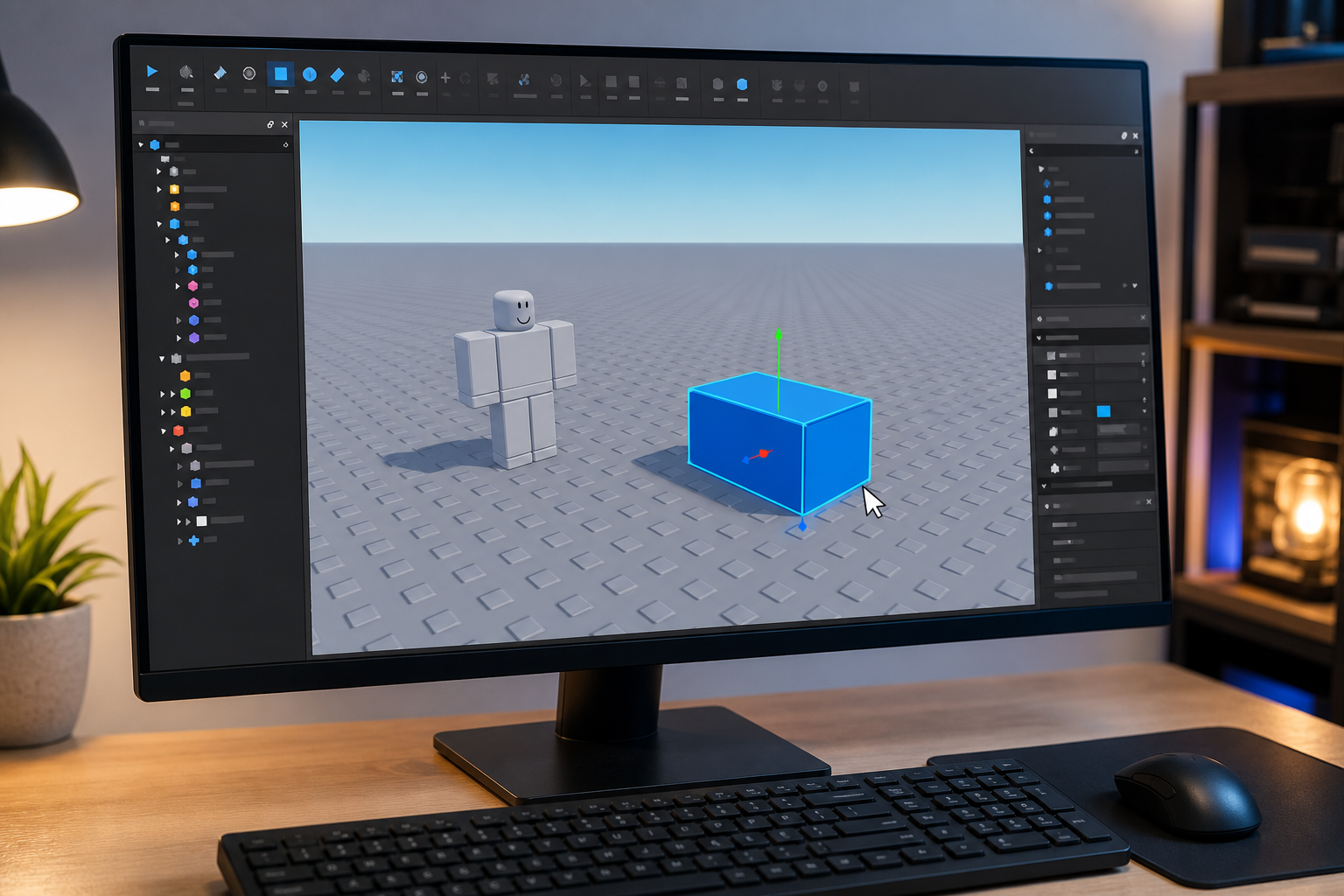 Màn hình máy tính hiển thị Roblox Studio với nhân vật khối và một khối lập phương màu xanh đang được chọn trên nền lưới.