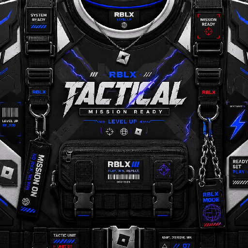 Thiết kế Roblox tactical outfit màu đen xám với logo TACTICAL, túi chiến thuật, dây đeo và điểm nhấn xanh điện.