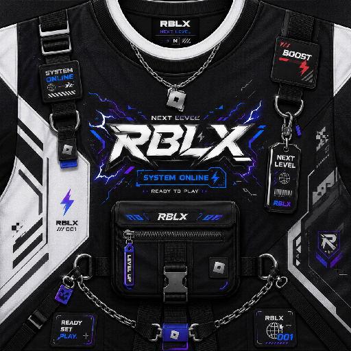 Thiết kế Roblox techwear shirt màu đen trắng với logo RBLX, túi tiện ích, dây xích và điểm nhấn xanh điện.
