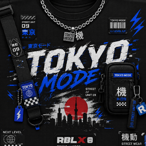 Thiết kế áo Roblox Tokyo streetwear tông đen với chữ Tokyo Mode, họa tiết Nhật Bản, dây xích và điểm nhấn xanh điện.