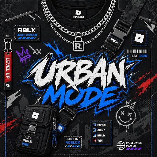 Thiết kế mặt trước áo Roblox phong cách đô thị với chữ graffiti, dây xích bạc và túi đeo chéo cá tính.