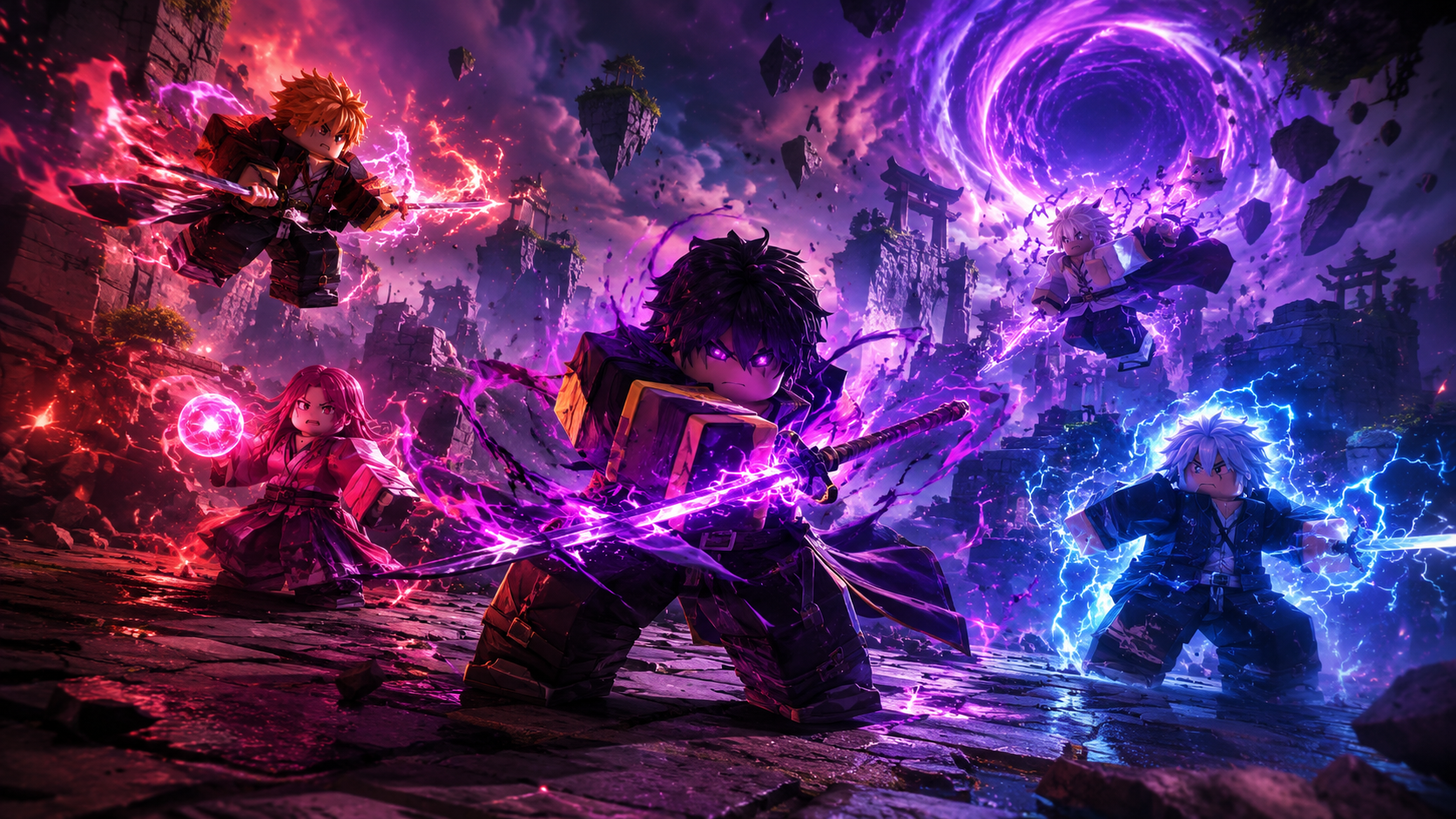 Wallpaper Second Piece 4K phong cách Roblox với kiếm sĩ anime chiến đấu trong vùng đất nổi, hiệu ứng ma thuật tím đỏ và cổng năng lượng khổng lồ.