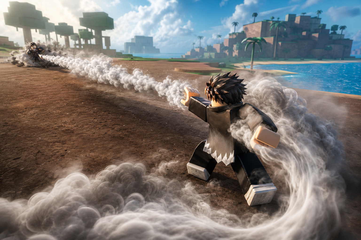 Nhân vật Roblox tạo màn khói hướng về một nhân vật khác trên bờ biển nhiệt đới, minh họa Smoke Fruit