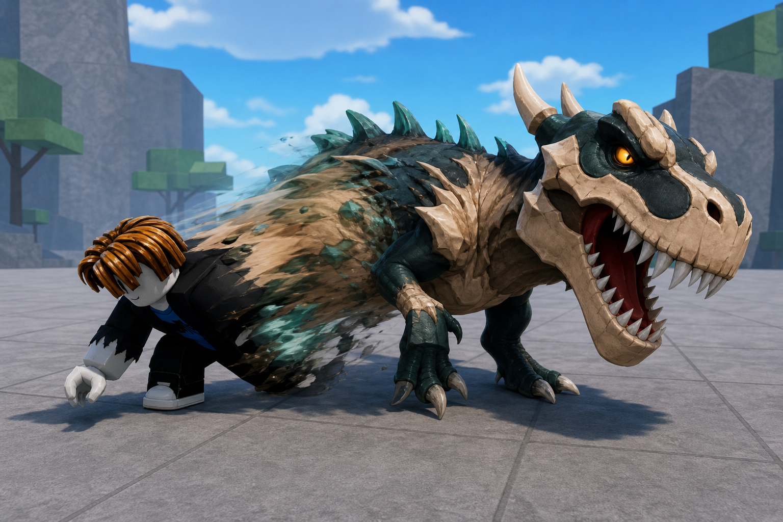 T-Rex Fruit Blox Fruits hiển thị một nhân vật dạng người bên cạnh khủng long T-Rex đang gầm trong khu vực đá ngoài trời