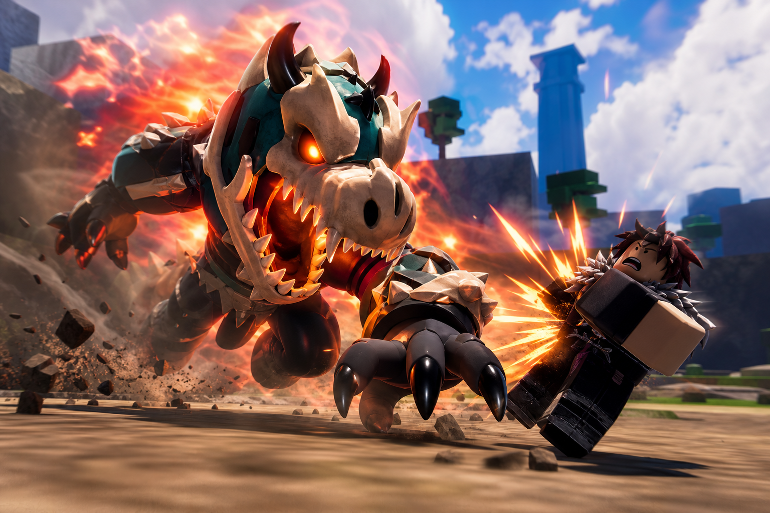 Một quái vật T-Rex bốc lửa lao về phía một nhân vật Roblox trên nền bãi đất ngoài trời, t-rex fruit