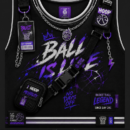 Mẫu T-shirt Roblox basketball streetwear màu đen tím với họa tiết bóng rổ và phụ kiện streetwear